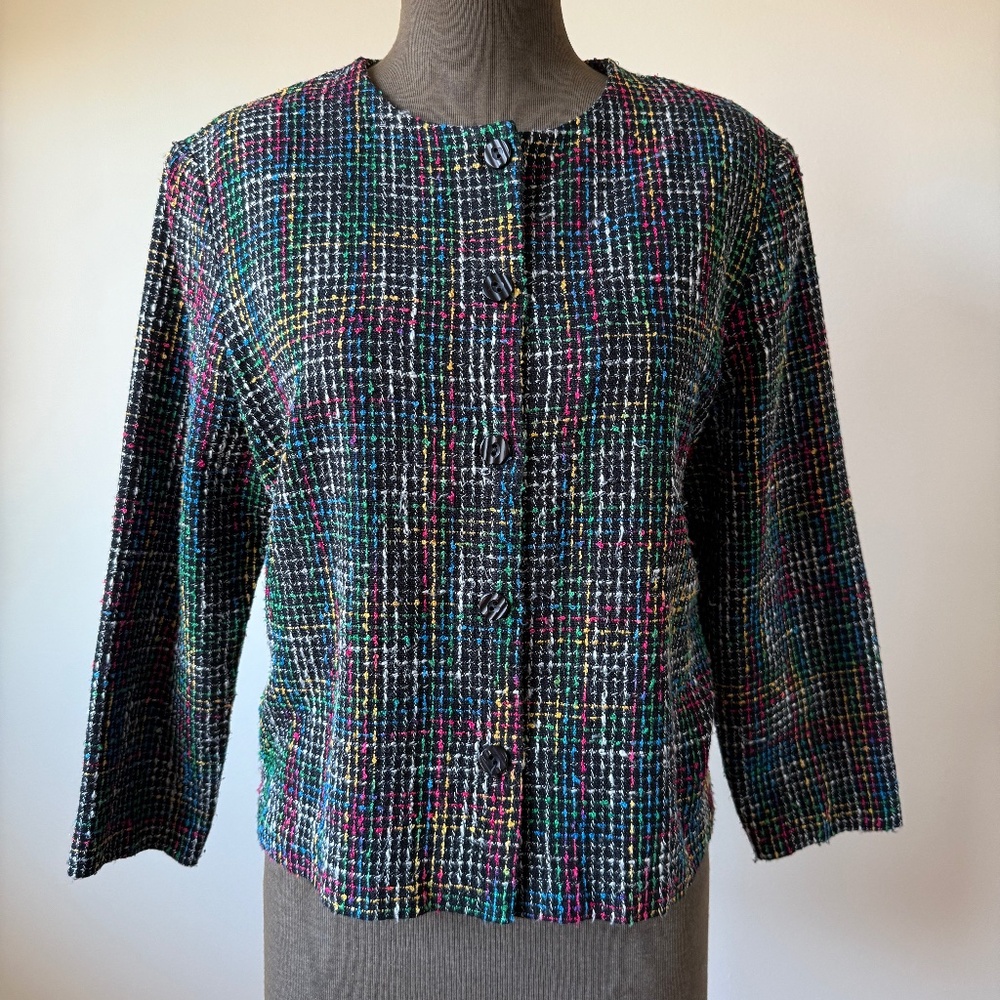 Super Cute Vintage 90s Colour-pop tweed jacket in black with teal, pink, yellow